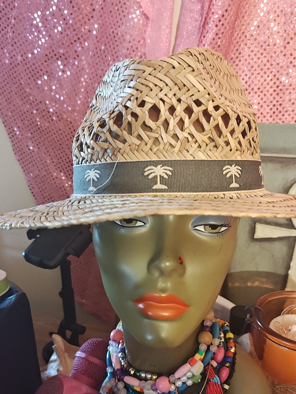 Woven Straw Palm-Trim Sun Hat in Natural